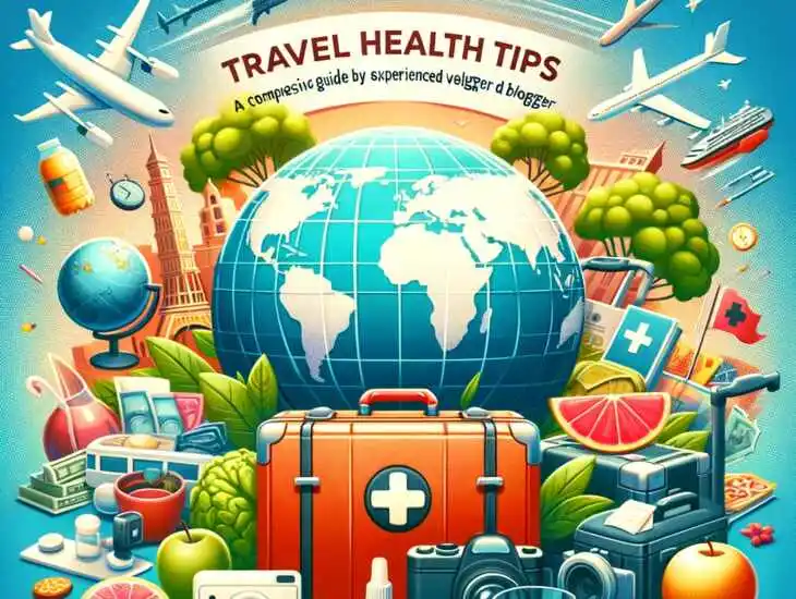 A composition of images featuring medicine, fruits, airplanes, a world globe, health-related products, and cameras. This visual represents diverse elements related to Travel Health Tips, showcasing the intersection of wellness, nutrition, global exploration, and the tools essential for a health-conscious journey.