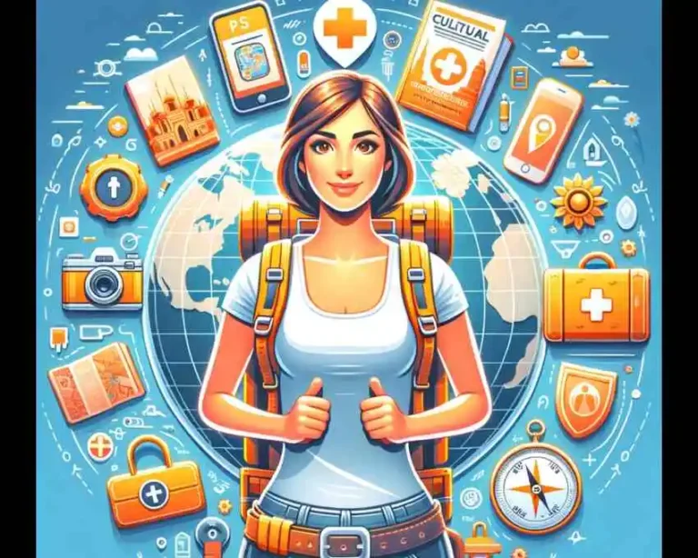 A confident solo traveler with a backpack stands against a background featuring a globe and essential items for Solo Travel Safety. This image captures the spirit of a prepared adventurer, emphasizing the importance of essentials for a secure and enjoyable solo travel experience.