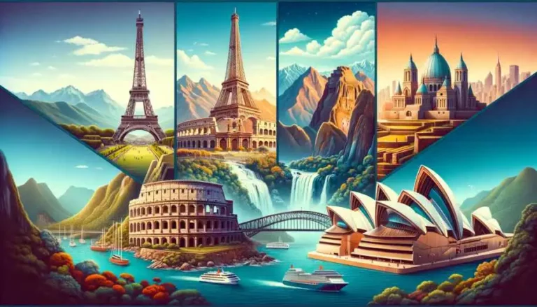 An immersive view of iconic world landmarks, featuring the Eiffel Tower, Machu Picchu, the Colosseum, the Great Wall of China, and the Sydney Opera House. Experience the historical significance, architectural marvels, and cultural impact of these iconic landmarks. Explore the world through this visual journey. #ExploringIconicWorldLandmarks #TravelExperience