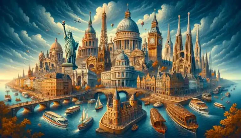 Panoramic view of Iconic European Capitals featuring famous landmarks, including the Eiffel Tower, Colosseum, Big Ben, and more.